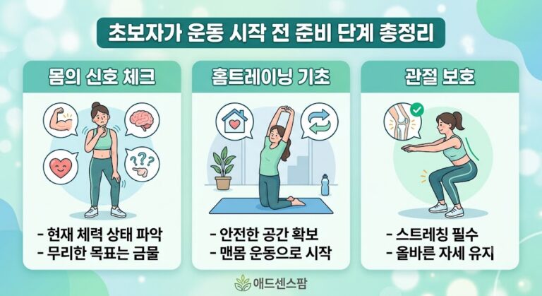 초보자가 운동 시작 전 준비 단계 총정리 (+몸의 신호, 홈트레이닝 기초, 관절 보호